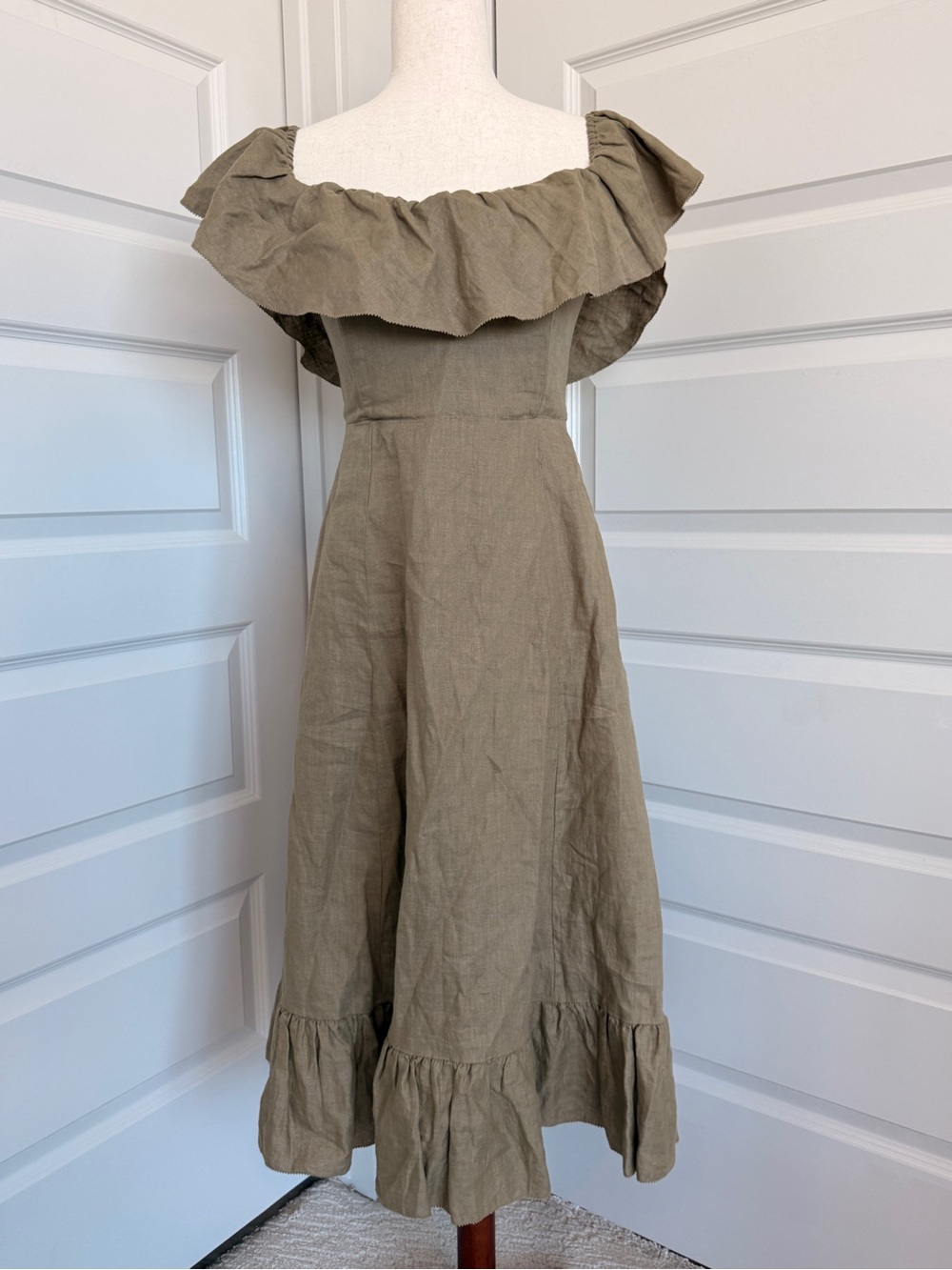 Aritzia Olive Off-Shoulder Ruffle Midi Dress